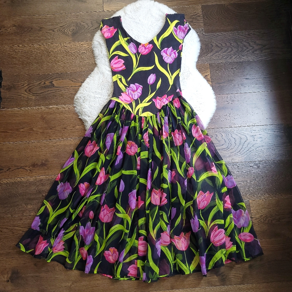 Vintage Betsey Johnson 80s Punk Label Tulip Print Fairy Ballet Midi Dress - Picture 7 of 7